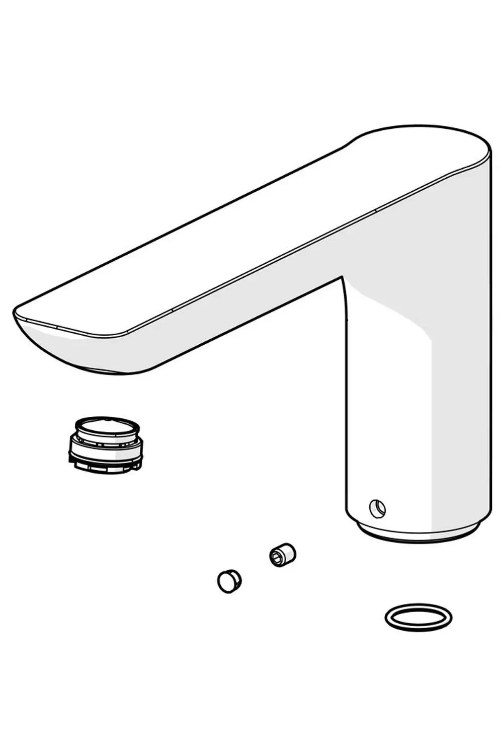 Mit HANSA Auslauf, gerade Form, abgenommen, zeigt Teile wie einen Wasserhahn, Dichtungen und eine Unterlegscheibe, die für die Installation notwendig sind.